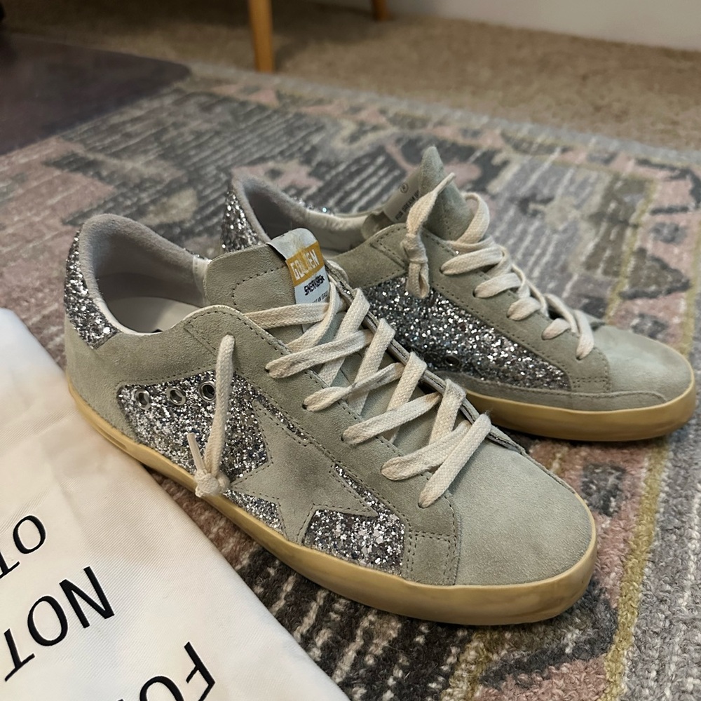 Golden Goose Super-Star in silver glitter with ice-gray star and inserts